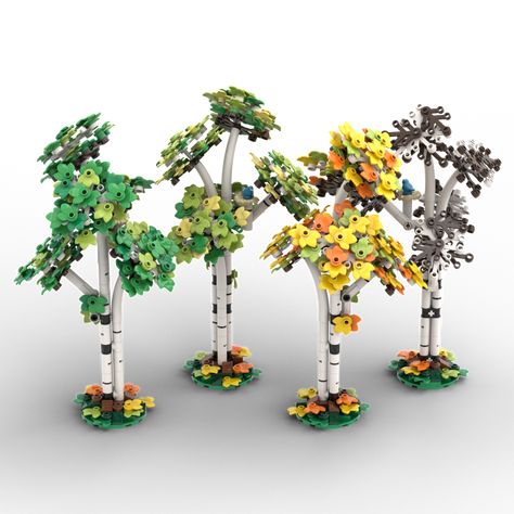 Lego Birch Tree, Lego Tree Techniques, Lego Tree Ideas, Lego Tree Moc, Lego Trees Ideas, Skyrim Ideas, Lego Mountain, Lego Park, Lego Garden