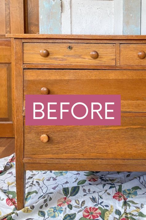 Looking for an easy DIY furniture makeover to refurbish and old dresser? I’m sharing a fun and easy DIY dresser makeover to show you how to turn an old or antique dresser into a dark green modern dresser. Click through for the full refurbished furniture makeover tutorial! Painted furniture Upcycling, How To Turn A Dresser Into A Buffet, Refurbished Oak Dresser, Diy Sideboard Makeover, Traditional Dresser Makeover, Refinishing Antique Dresser, Mid Century Modern Dresser Makeover Diy, How To Paint Dresser Diy, 90s Dresser Makeover