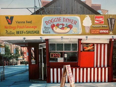 Hot Dog Shop, University Food, American Hamburger, Hot Dog Restaurants, Chicago Hot Dog, Ice Cream Shake, Dog Cart, Polish Sausage, Hot Dog Cart