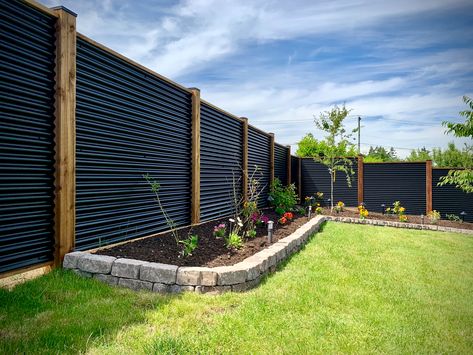 Metal Fences Metal Corrugated Fence, Front Of House Fence Ideas, Wood And Corrugated Metal Fence, Metal Privacy Fence Ideas, Wood And Metal Fence, Tin Fence, Metal Fence Ideas, Modern Privacy Fence, Vinyl Fence Landscaping