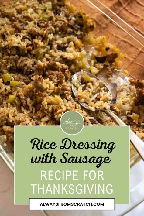 Discover the perfect addition to your Thanksgiving spread with this Rice Dressing with Sausage! This delightful Sausage Rice Dressing recipe features tender rice mixed with savory sausage and a medley of herbs and spices, creating a dish that’s bursting with flavor. A staple for any holiday meal, this Thanksgiving rice dressing pairs beautifully with turkey and all your favorite sides. Easy to prepare and full of comforting tastes, this recipe is sure to become a favorite! Rice With Italian Sausage, Italian Sausage Rice Stuffing, Stuffing With Wild Rice And Sausage, Italian Rice Stuffing Thanksgiving, Rice Italian Sausage Recipes, Rice Dishes For Thanksgiving, Sausage Rice Stuffing, Italian Rice Stuffing, Savoie's Rice Dressing