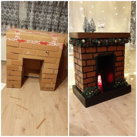 Faux Fireplace Diy Cardboard, Diy Christmas Fireplace, Cardboard Fireplace, Fake Fireplace, Faux Fireplace Diy, Christmas Fireplace Decor, Front Porch Christmas Decor Ideas, Porch Christmas Decor Ideas, Porch Christmas Decor