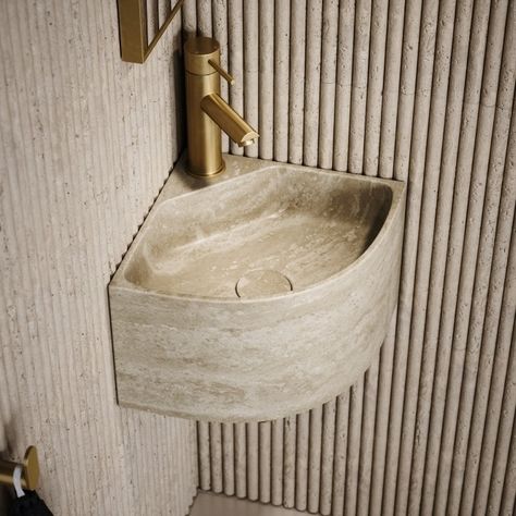 Travertine Small Wash Basin Ideas, Corner Wash Basin Ideas, Lusso Stone Bathroom, Corner Basin Bathroom, Stone Basin Bathroom, Stone Wash Basin, Marble Sink Bathroom, Unique Bathroom Sinks, Concrete Bath