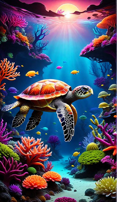 Sea Life Art Drawing, Under Water Photography, Under The Sea Images, Under The Sea Drawings, Coloring Ocean, Ocean Creatures Art, Sea Turtle Wallpaper, Colorful Sea Turtle, Sea Turtle Pictures