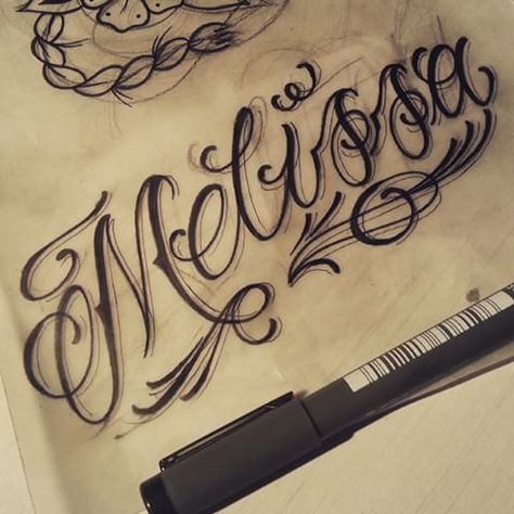 Melissa tattoo Melissa In Cursive, Melissa Tattoo Name, Melissa Name, Tattoo Lettering Styles, Tattoo Script, Heart Drawing, Skull Tattoo Design, Name Tattoo, Name Tattoos