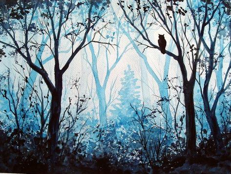 Monochromatic Painting Ideas, Moonlight Forest, Monochromatic Watercolor, Monochromatic Blue, Color Practice, Monochromatic Painting, Painting Forest, Monochromatic Art, Watercolor Art Landscape