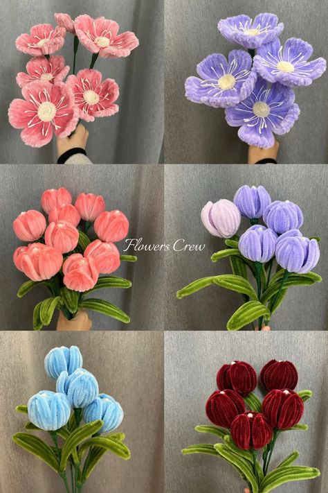 tulip and poppy bouquets Table Flower Centerpieces, Artificial Flower Bouquets, Pipe Cleaner Art, Clean Flowers, Diy Bouquet Wrap, Pipe Cleaner Flowers, Flower Bouquet Diy, Seni Dan Kraf, Pipe Cleaner Crafts