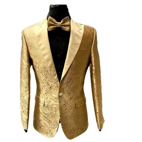 Listing Is On For Jacket Only Bow Tie Not Included Approximate Measurements Armpit To Armpit 22" Sleeve 25" Length Back Of Collar To Bottom Hem 29.5" Fabric Doesn't Stretch Signs Of Being Tried On Pulled Thread (View Photo) Slim Fit Single Button Gold-Tan, Gold Golden Suit Men, Golden Suit, Groom And Groomsmen Outfits, Men's Tuxedo Wedding, Rose Gold Wedding Dress, Groomsmen Outfit, Tie Not, Gold Tuxedo, Mens Tuxedo