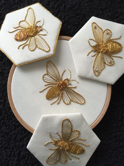 Introduction to Goldwork: Bumblebee Japanese Embroidery, Metalwork Projects, Gold Work Embroidery, Pola Bordir, Bee Embroidery, 자수 디자인, Gold Embroidery, Hand Embroidery Stitches, Gold Work