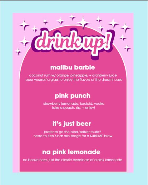 So much fun creating this cocktail and drink menu for our adult barbie party Barbie Birthday Ideas For Women, Barbie Drinks Party, Drunk Barbie Birthday Party, Barbie Birthday Party Woman, 90s Barbie Party, Barbie Drink Station, Barbie Party 30th, Barbie 21st Birthday Party Ideas, Barbie Themed Food And Drinks