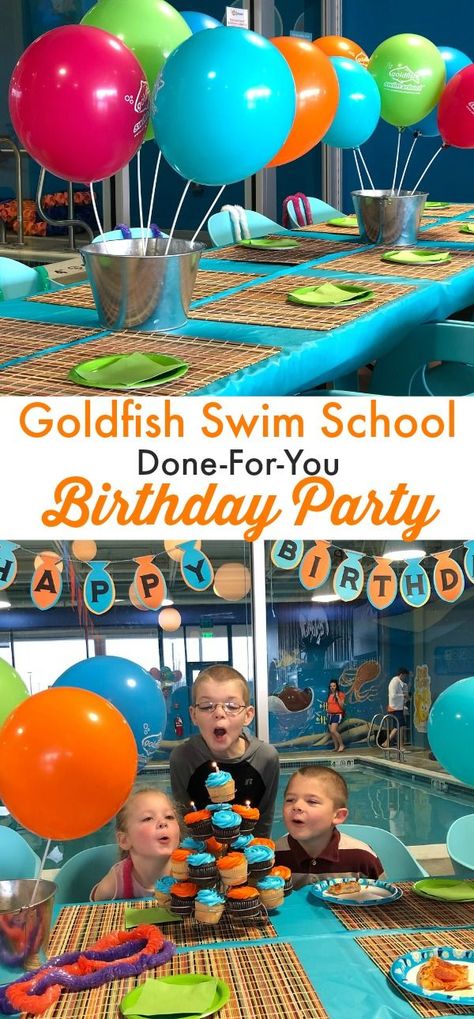 How To Have A 100% Stress-Free Kid's Birthday Party #sponsored Goldfish Swim School Birthday Party, Indoor Pool Birthday Party, Indoor Pool Party Ideas For Kids, Indoor Pool Party Ideas, Indoor Pool Party, Swimming Birthday Party, Hotel Pool Party, Goldfish Party, Indoor Birthday Parties