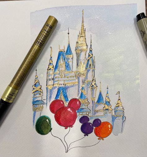 It’s not perfect but it’ll do. I needed to make a quick “Get well soon” card and the recipient loves Disney. It’s been a long time since I’ve painted with watercolor and I should have used a ruler but for 1-2 hrs spent, it’s not terrible. #watercolorpainting #greetingcards #disney Disney Castle Drawing, Castle Sketch, Castle Drawing, Castle Painting, Disney Canvas, Disney Paintings, Disney Castle, Art Drawings Sketches Creative, Art Drawings For Kids