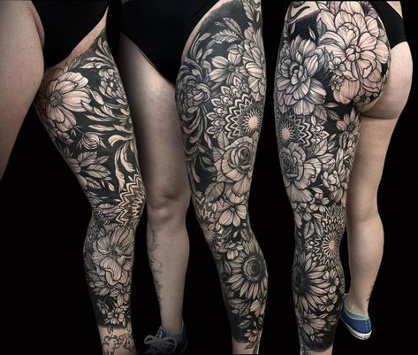 Opposite Arm And Leg Tattoo Sleeve, Chrysanthemum Leg Sleeve, Full Leg Sleeve Tattoo Design, Plus Size Leg Sleeve Tattoo, Full Leg Sleeves For Females, Large Feminine Tattoos, Black Out Leg Tattoo, Black And Grey Leg Sleeve, Full Body Tattoos For Women