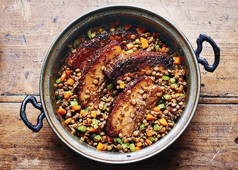 Delicious pork belly, lentils and green veg – all in one pot One Pot Roast, Gluten Dairy Soy Free Recipes, Dairy Soy Free Recipes, Asda Recipes, Braising Recipes, Belly Pork, Sainsburys Recipes, Lentils Recipe, Sausage Dishes