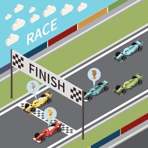 Free Vector | Carting Race Finish Crossing Finish Line, Race Illustration, Blue Neon Lights, Illustration Courses, Illustration Story, Board Game Design, Course Automobile, School Labels, Isometric Illustration