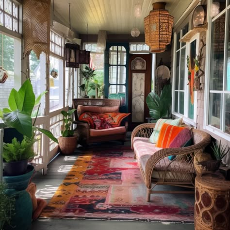 Sun Porch Entryway, Diy Sunroom On A Budget Cozy, Four Seasons Porch Decor, Enclosed Porch Sunroom, Inclosed Porch Decorating Ideas, Boho Chic Sunroom, Functional Sunroom Ideas, Back Enclosed Porch Ideas, Funky Sunroom