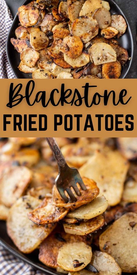 Blackstone Fried Potatoes Recipe - grillonadime.com Steak Sides On Blackstone, Blackstone Recipes Sides, Blackstone Mushrooms, Blackstone Meat And Veggies, Drumsticks On Blackstone Griddle, Burger Sides On Blackstone, Blackstone Roasted Veggies, Baked Potatoes On The Blackstone, Grilling On Blackstone