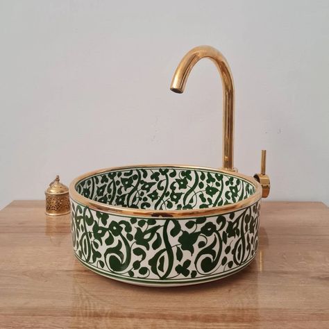 14 Karat Gold & Green Flower Washbasin Ceramic Bathroom Vessel - Etsy Bowl Sink Bathroom, Mosaic Sink, Moroccan Sink, Sink Decor, Painted Bathroom, Modern Bowl, Modern Bathroom Sink, Bathroom Remodel Tile, Gold Bathroom