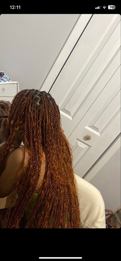 Burnt Orange Passion Twist, Ginger Black Hairstyles, Boho Island Twist Hairstyle Color, Ginger Braids Black Women With Curls, Ginger Sengelese Twist, Ginger Goddess Twist, Long Bohemian Twist, Twist Color Braids Hairstyles, Island Twist Bohemian