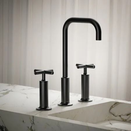 Kohler K-14408-3-BN Purist 1.2 GPM Widespread Bathroom | Build.com Kohler Purist Shower System, Kohler Purist Bathroom, Cottage Basement, Bathroom Faucets Black, Laminar Flow, Kohler Purist, Kohler Bathroom, Matte Black Faucet, Architectural Forms