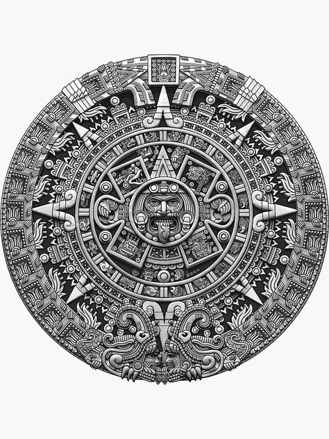 "Aztec Calendar Sun Stone - Greyscale" Sticker by Ninjangulo | Redbubble Prison Drawings, Tattoo Perna, Engraving Designs, Aztec Tattoos, Black Skull Tattoo, Aztec Tattoo Designs, Chicano Tattoos, Mayan Calendar, Mayan Art