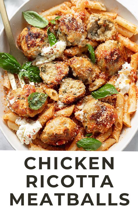 Chicken and Ricotta Meatballs (Baked or Pan-Fried) Hello Fresh Pork, Chicken And Ricotta, Chicken Ricotta Meatballs, Greek Meatballs Recipe, Chicken Ricotta, Meatballs Baked, Ground Chicken Meatballs, Chicken Dishes For Dinner, Ricotta Stuffed Chicken