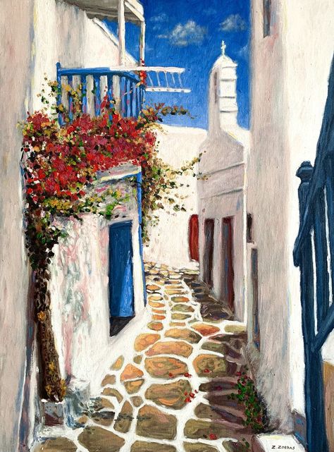 Mykonos Town Greece oil painting Greece Buildings Drawing, Greece Art Paintings, Greece Drawing, Medicine Illustration, Town Drawing, Greece Landscape, Greece Painting, Greek Paintings, Greek Summer