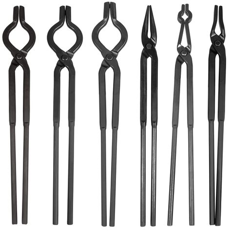 PRICES MAY VARY. 【V-Bolt Tongs】 Includes 3/8, 1/2 and 5/8 V-Bolt Tongs. Designed with a deep V Grove to ensure that your buttstock remains deadlocked while being able to withstand heavy hammering. Extremely versatile and effective in processing a wider range of round and square paper stocks. These can hold both square and round stock. The 5/8 bolt tongs are perfect for rail road spikes. 【1/4 Flat Jaws Tongs】For holding 1/4 plate. The jaws of the pliers have a large and smooth surface that will n Road Spikes, Blacksmith Tongs, Propane Forge, Forging Tools, Knife Making Tools, Blacksmith Forge, Blacksmith Tools, Metal Forming, Forged Knife