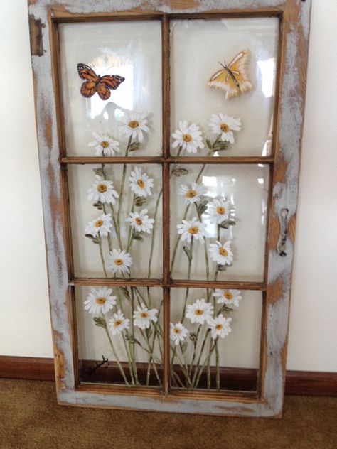 Wow, this is a painting on an old window. I absolutely love this. Beautiful. Recycled Glass Window Art, Painting On Glass Panes, Painted Vintage Windows, Refurbished Window Frames, Flowers Window Painting, Flowers Painted On Glass Window, Old Painted Windows, Window Frame Painting, Old Window Painting Ideas Diy Projects