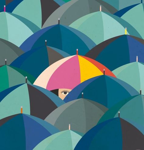 Emphasis is shown here by centering the focus of the piece.  It also makes the umbrella pop by using bright colors compared to the others shown.  This is also the only umbrella where the viewer can see part of the persons face. Principles Of Design Contrast, Rhythm In Design, Emphasis In Art, Contrast Illustration, Repetition Art, Yellow Illustration, Umbrella Illustration, Contrast Art, Orange Umbrella