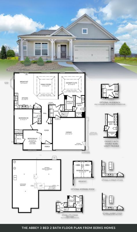 The Abbey is a spacious single-story floor plan with 3 bedrooms and 2 bathrooms. Starting at 1,662 square feet, this open floor plan features a large family room connected to the combined kitchen and dining area. This new home floor plan features a primary suite with walk-in closet and private bathroom. With new home construction upgrade options like a sunroom, fireplace, and finished basement, this new build floor plan turns building a house into your dream house. House Design Blueprint, Architecture Drawing Plan, Large Family Rooms, Floor Plan Layout, One Story Homes, Floor Layout, Open Layout, New Home Construction, Finishing Basement