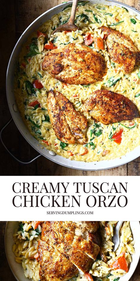 Creamy Tuscan Chicken Orzo Tuscan Dinner Recipes, Tuscan Chicken One Pot Orzo, Tuscan Chicken Orzo Recipes, Tuscan Chicken Risotto, Orzo Baked Chicken, Chicken With Risotto Dinners, Tuscan Chicken With Orzo, The Novice Chef Recipes, Home Chef Meals