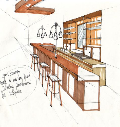 Quick sketch of a bar counter. Bar Sketch, Bar Drawing, Big Houses Interior, Cafe Bar Design, Home Bar Design, Interior Design Sketches, Architecture Design Sketch, Architecture Design Drawing, Architecture Concept Drawings