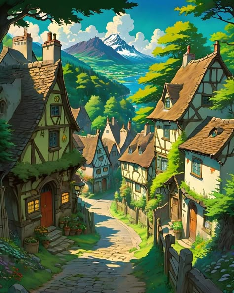 Fantasy Tavern, Town Drawing, Village Drawing, Fantasy Village, Beautiful Landscape Paintings, Fantasy House, Fantasy City, Fantasy Places, Victorian Art