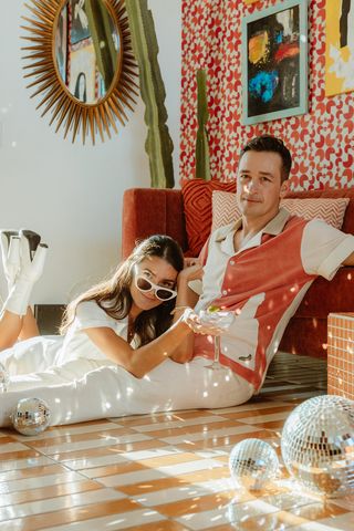 Unconventional Engagement Photos, Retro Disco Aesthetic, Aesthetic Engagement Photos, Retro Engagement Photos, Themed Engagement Photos, Aesthetic Engagement, Disco Aesthetic, Styled Engagement Shoot, Vintage Engagement Photos