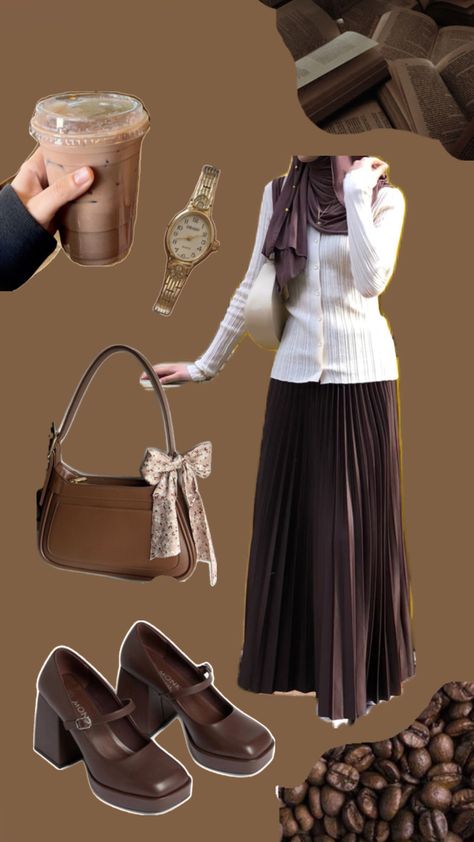 #brown #brownoutfit #outfitinspo #beige #collage #myfirstshuffle #hijabioutfitinspo Yellow And Brown Outfits, Beige And Brown Outfit Ideas, Brown And Yellow Outfit, Long Brown Skirt Outfit, Beige Hijab Outfit, Beige Collage, Islamic Aesthetics, Brown Hijab, Hijab Fits