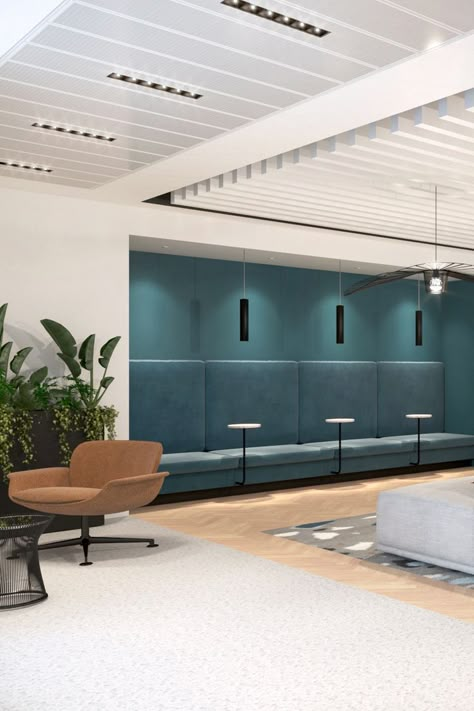 Velvet Booth Seating, Alcove Seating, Reception Area Design, Office Booth, Office Reception Area, Commercial Office Design, Corporate Office Design, Teal Velvet, Booth Seating