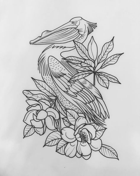 Louisiana Theme Tattoo, Pelican Tattoo Design, Pelican Tattoo For Women, Pelican Drawing, Gardenia Tattoo, Pelican Tattoo, Rockabilly Tattoos, Inktober 2024, Dove Tattoos