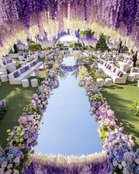 Dubai Weddings & Events on Instagram: "Immersing into the beauty of a blossoming garden 🌸" Wedding Venue Entrance Decor Walkways, Purple Wedding Theme Receptions, Wedding Reception 2024, Big Event Ideas, 2024 Wedding Theme, Purple Theme Wedding Decorations, Cool Wedding Themes, Lavender Theme Wedding, Garden Wedding Themes