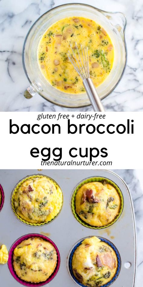 These Bacon Broccoli Egg Cups are delicious and the perfect make-ahead breakfast! Made with just 5 ingredients and a protein and veggie-loaded way to start a day, these egg cups are great fresh or reheated. Paleo, gluten free, Whole30 #veggieloaded Bacon And Broccoli, Eggs Cups, Egg Cups Recipe, Bacon Broccoli, Egg Cups Breakfast, Gluten Free Kids, Dairy Free Breakfasts, Easy Bacon, Dairy Free Eggs