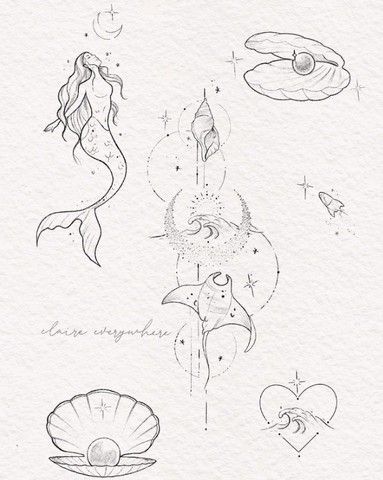 Outline Ocean Tattoo, Manta Ray Moon Tattoo, Marine Biology Inspired Tattoos, Pearl Fine Line Tattoo, Mermaid With Pearls Tattoo, Claire Everywhere Tattoo, Mermaid Line Art Tattoo, Fine Line Pearl Tattoo, Mermaid Tattoo Aesthetic