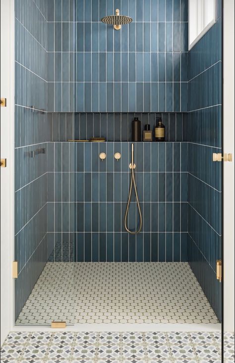 Blue Bathroom Tile, Teal Bathroom, Bathroom Redesign, Blue Tile, Boys Bathroom, Bathroom Remodel Shower, Downstairs Bathroom, Bathroom Inspiration Decor, Upstairs Bathrooms