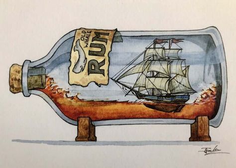 Old Whaler Rum. Ship in a Bottle Drawings and Paintings. Click the image, for more art by Jon Guerdrum Ship In Bottle, Ship In A Bottle, Bottle Tattoo, Bottle Drawing, Classic Sailing, Pirate Art, Rocky Shore, Pirate Ship, Fort Collins