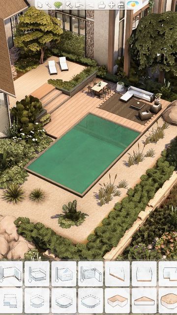 Pool Area Sims 4, Sims 4 Modern House With Pool, Cool Pools Sims 4, Sims4 Landscaping, Sims 4 Houses Ideas Layout Modern, Sims 4 Swimming Pool Ideas, The Sims 4 Landscaping, Sims 4 Skylight, Sims 4 Landscape Ideas