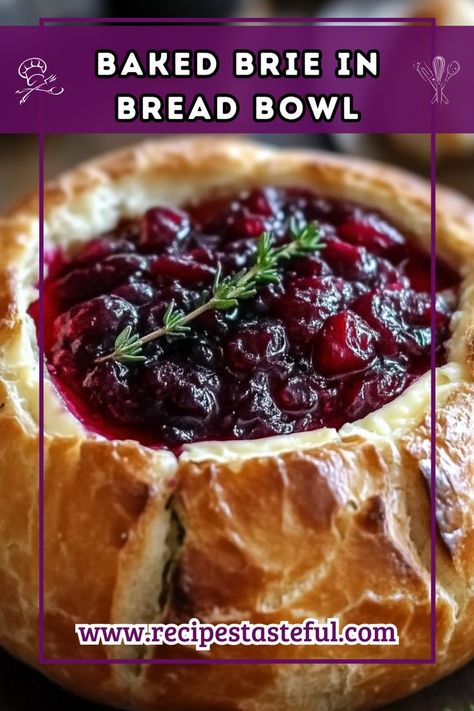 This Baked Brie in a Bread Bowl combines creamy Brie cheese with tart cranberry sauce and aromatic thyme, all encased in a warm, crusty sourdough loaf. It’s a perfect appetizer for gatherings and will impress your guests with its delightful flavors and beautiful presentation. Cranberry Brie Sourdough, Baked Cranberry Brie Bread Bowl, Brie In Bread Bowl Baked, Baked Brie In Bread Bowl, Baked Brie In Bread, Sourdough Appetizers, Baked Brie Bread Bowl, Cranberry Brie Bread Bowl, Brie Bake