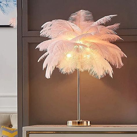 Pink Feather Table Lamp with Plug in Wire Modern Feather Lamp 3-Light Bedside Table Lamp for Bedroom in Gold (Pink) Modern Gold Floor Lamp, Bedside Lamp Modern, Feather Lamp, Pink Lamp, Art Deco Table Lamp, Dimmable Table Lamp, Lamp Gold, Portable Lamp, Deco Rose