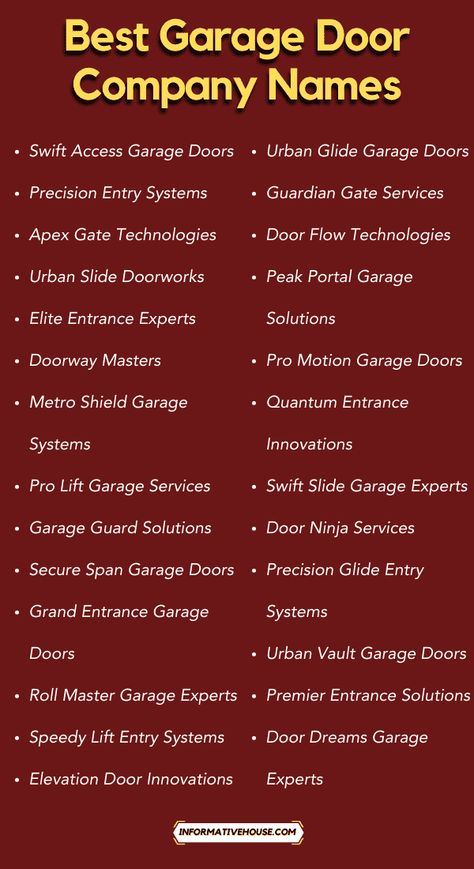 Top Best Garage Door Company Names Ideas for Inspiration! Company Names Ideas, Unique Business Names, Garage Door Company, Best Garage Doors, Name Boards, Door Company, Names Ideas, Word Mark Logo, Unique Business