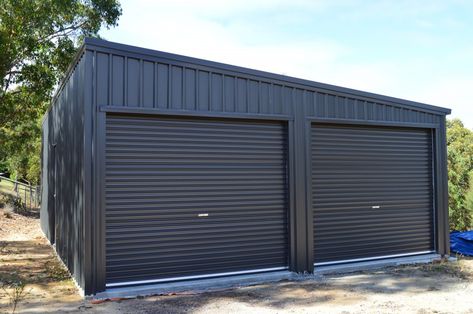 Double Garage Construction Garage, Pole Barn Kits, Building A Carport, Metal Garage Buildings, Double Garage Door, Metal Shop Building, Metal Building Designs, Skillion Roof, Garage Addition