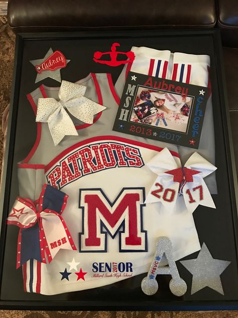 Cheer Shadow Box for Senior Senior Cheer Shadow Box Ideas, Senior Shadow Box Ideas Sports, Cheerleader Shadow Box Ideas, Cheerleading Shadow Box Ideas, Cheer Uniform Shadow Box Ideas, Cheer Shadow Box Ideas, Cheer Senior Gifts, Cheer Uniform Shadow Box, Cheer Box Ideas