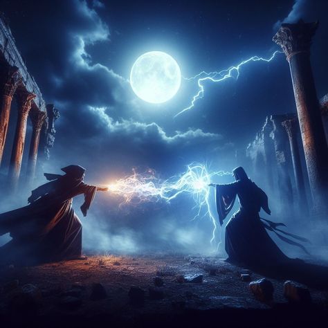 A cinematic moonlit scene in an ancient ruin with two wizards engaged in an intense magical duel. Wizard Duel, Battle Wizard, Wizard Knight, Wizard Battle, Magic Battle, Battle Mage, Mtg Cards, Harry Potter Games, Elemental Magic